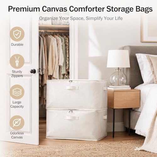 4 Pack Canvas Comforter Storage Bags for Clothes & King Comforters, Natural - Image 3