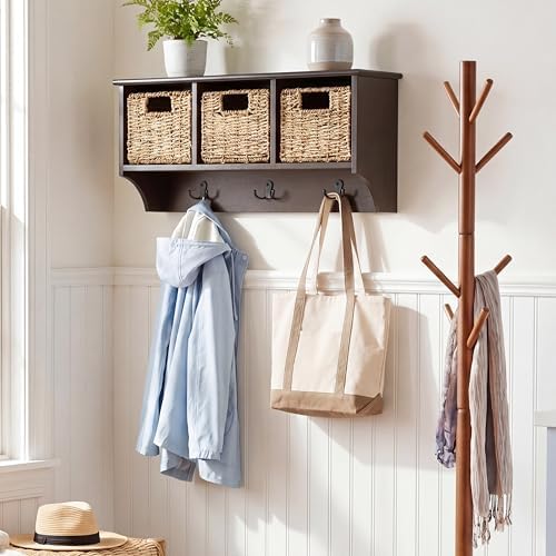 SAFAVIEH Home Collection - Finley Dark Chocolate Brown Wall Mounted 3-Basket Storage Rack with Hooks & Seagrass Baskets (HAC5700D) - Image 2