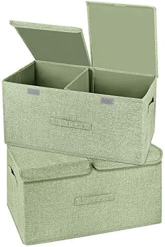 2 Pack Large Storage Boxes with Lids and Handles, Collapsible Linen Storage Bins Organizer Containers Baskets Cube with Removable Divider for Home Bedroom Closet Office (Green, Large) by Unknown