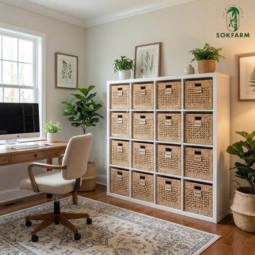 Water Hyacinth Storage Baskets Set of 4, 12 Inch Woven Cube Bins for Shelf and Cubby Organizer, Wicker Baskets for Blankets Towels and Toys, Seagrass Organization Bins for Closet and Living Room - Image 5