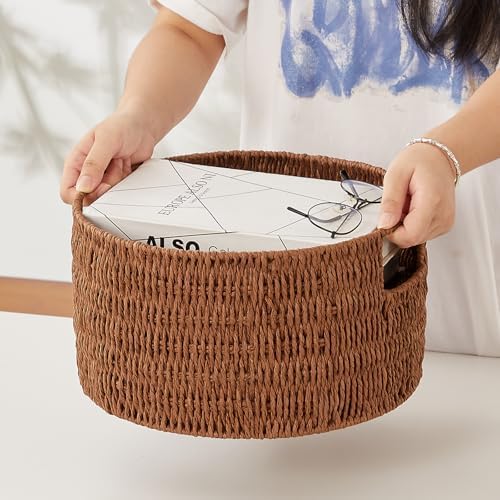 Vagusicc Wicker Storage Basket, Hand-Woven Paper Rope Large Round Woven Basket With Handles, Wicker Baskets for Organizing/Storage, Brown, 3-Pack - Image 3