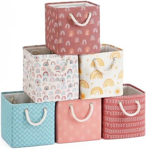 6 Pack Boho Rainbow Storage Bins, 11 Inch Cube Fabric Storage Basket by Geiserailie