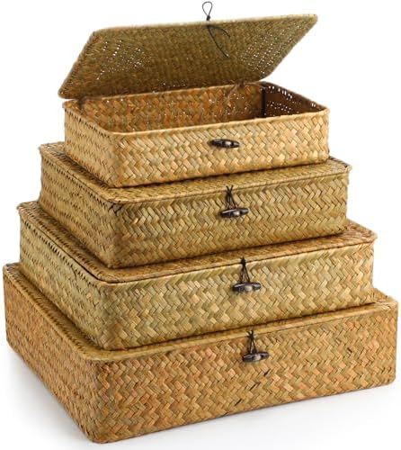 Didaey Set of 4 Seagrass Basket with Lid Wicker Storage Basket Decorative Storage Boxes with Lids Flat Storage Bins Woven Organizer Baskets for Shelf Closet Bedroom, 4 Sizes (Yellow) by Didaey