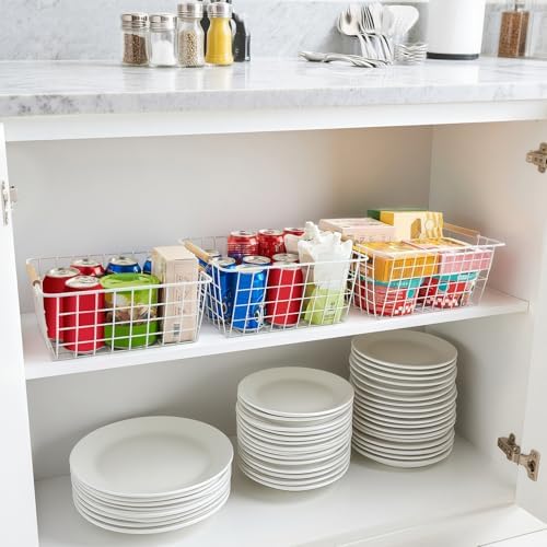 LeleCAT White Wire Baskets for Organizing with Handles，Pantry Organizers and Storage For Kitchen, Household Snack Basket for Cabinets, Closets, Bedrooms,food - Set of 4(White) - Image 6