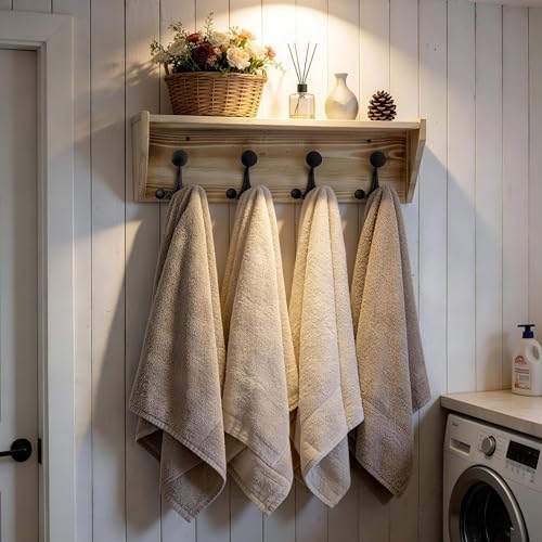 SKOLOO Wall Shelf with Hooks, 24-Inch Coat Rack Wall Mount with Shelf Organizer - Heavy Duty, 4 Tri Hooks - Perfect for Entryway, Hallway, Living Room, Bedroom, Mudroom, Wood Brown & Black - Image 4