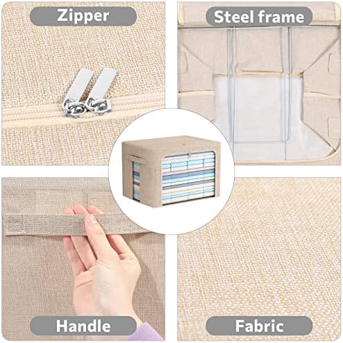 FHSQX Extra Large Clothes Storage Bins Foldable Metal Frame Storage Box Stackable Linen Fabric Box Organizer Set with Carrying Handles and Clear Window (Beige, 23.6x 16.5x 15.7 Inch) - Image 4