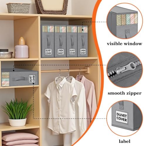 WOWBOX Sheet Organizers and Storage,Closet Bed Sheet Organizer Under Bed Storage and Organization with Label Cards & Clear Window for Bedding Sheets,Duvet Covers,Blankets (8 Pack，Gray) - Image 2