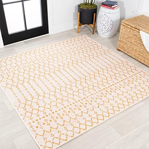 Eyely Moroccan Woven Square Rug 5X5 Cream/Yellow, Indoor Outdoor Rug by eyely