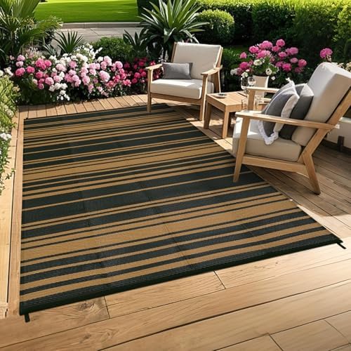 GAOMON 8x10 Modern Lines Reversible Outdoor Rug Waterproof Geometric Striped Plastic Straw Outdoor Rug UV-Resistant Portable Outdoor Large Carpet Mat for Camping Patio Balcony Picnic Black Brown - Image 2
