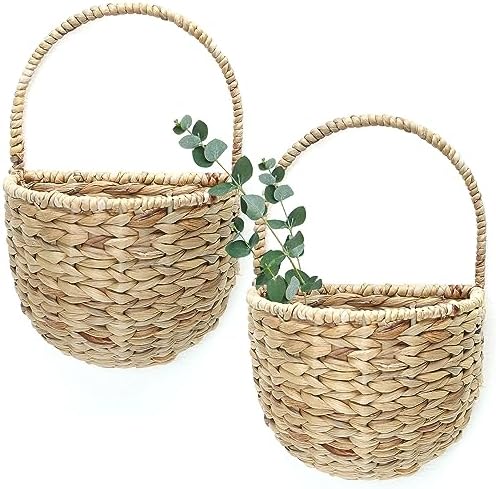Wall Hanging Baskets Set of 2, Water Hyacinth Woven Basket, Flat Back Hanging Baskets for Plants & Flowers, Semi-Round Wall Decor for Garden, Porch, Bathroom & Kitchen by Storagether