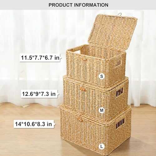 Nonam Wicker Storage Basket With lid, Large Stackable Plastic Bin, Natural - Image 2