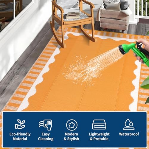 Garvee Scalloped Waterproof Outdoor Rug 9x18 Outdoor Patio Rug, Orange - Image 4