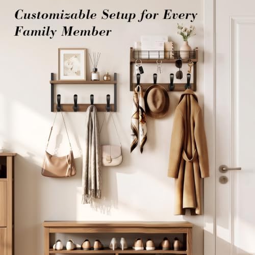 Delamu 32" Coat Rack with Shelf, 4 in 1 Coat Hanger Wall Mount with Shelf, Wooden Entryway Wall Organizer with Hooks, Brown - Image 5