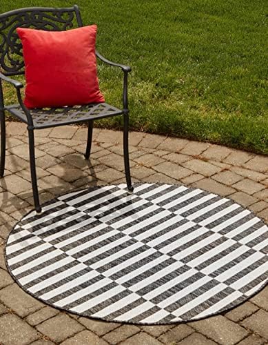 Unique Loom Outdoor Striped Collection Area Rug - Striped (10' 8" Round, Charcoal/Ivory) by UniqueLoom