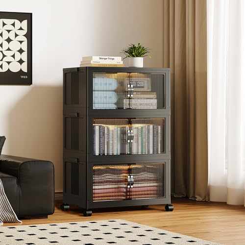 SAILUN 348Qt Stackable Storage Bins,Storage Cabinet with a Lid,3 Pack Black by SAILUN