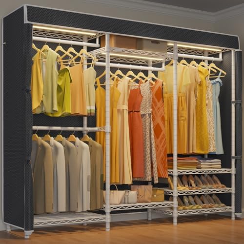 VIPEK V5LC Garment Rack Heavy Duty Covered with Dimmable LED Light, 3000K Warm White, Portable Closet Wardrobe Freestanding for Hanging Clothes, with Black Cover by VIPEK