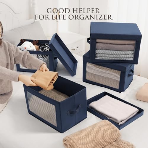 Homsorout Stackable Storage Bins with Lids - Medium Storage Box with Lids, Foldable Closet Boxes for Organizing, Wardrobe Clothes Organizer with Window, Cubes Bins for Living Room, 5 Pack, Navy Blue - Image 3