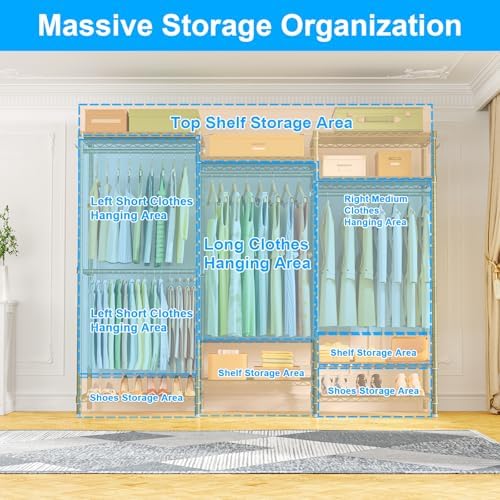 Ulif E13 Heavy Duty Clothes Rack（With 4 Hanger Rods & 8 Shelves） Freestanding Clothing Racks for Hanging Clothes，Adjustable Closet Organizer，Metal Garment Rack 63" W x16 D x77 H，Max Load 900LBS，Gold - Image 3