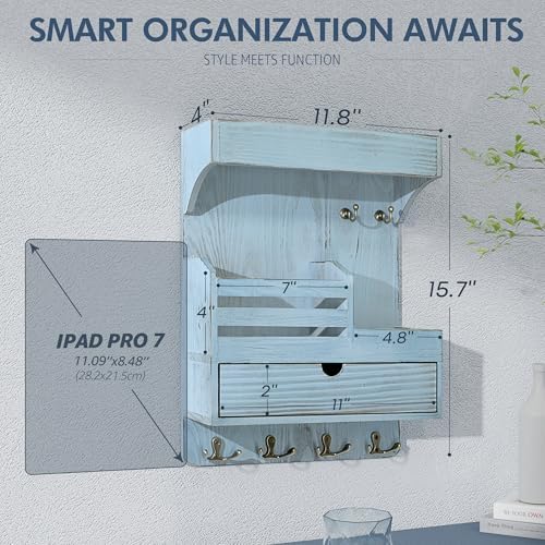 Rebee Vision Key Holder Wall Mount with Drawer & Shelf for Entryway, Blue - Image 2