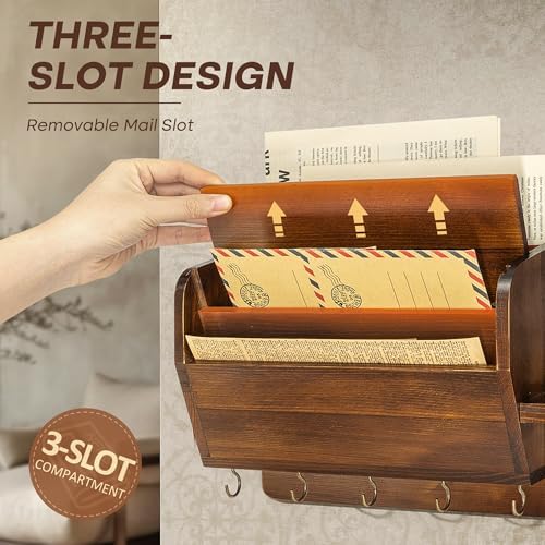 Rebee Vision Pine Wood Key Holder Wall Mount with Mail Sorter, Light Brown - Image 3