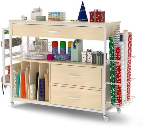 Wrapping Paper Storage & Organizer, Craft Cart with Ribbon & Gift Bag Storage, Wrapping Paper Organizer Holder(3 Wooden Drawers- Oak) by Anrigeail