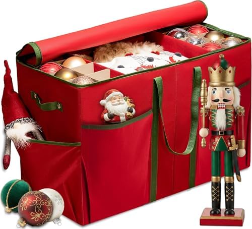 ZOBER Large Christmas Ornament Storage Box - Stores 80 3" Ornaments, With Dividers - With Large Compartment for Figurines, and Accessories, Durable Christmas Containers Holder (Red, 80-3" Ornaments) by ZOBER