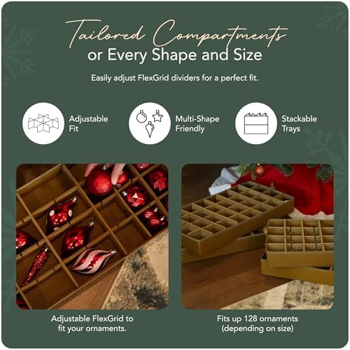 Covermates Keepsakes Adjustable Ornament Storage Bag – Heavy-Duty Polyester, Padded Dividers & FlexGrid Trays – Protective Holiday Ornament Organizer with Handles & Label Window, Green Snowflake - Image 5