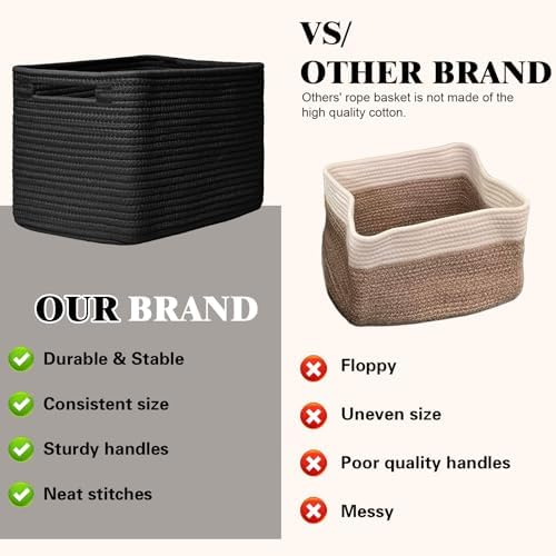 Storage Baskets for Organizing, 4 Pack Baskets for Shelves, Decorative Storage Bins for Shelves, Cotton Rope Storage Basket with Handles, Woven Basket for Storage, 13''Lx8.7''Wx7.9''H, Black - Image 4