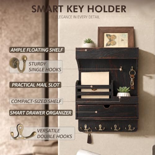 Rebee Vision Key Holder Wall Mount with Shelf for Entryway,Distressed Black - Image 5