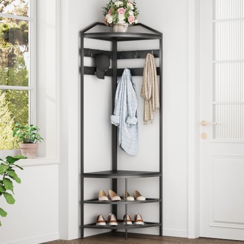 GiftGo Corner Hall Tree with Shoe Bench Entryway Coat Rack with 10 Metal Movable Hooks Freestanding Clothes Rack Shoes Shelf Organizer for Home Office Bedroom (Black) - Image 6