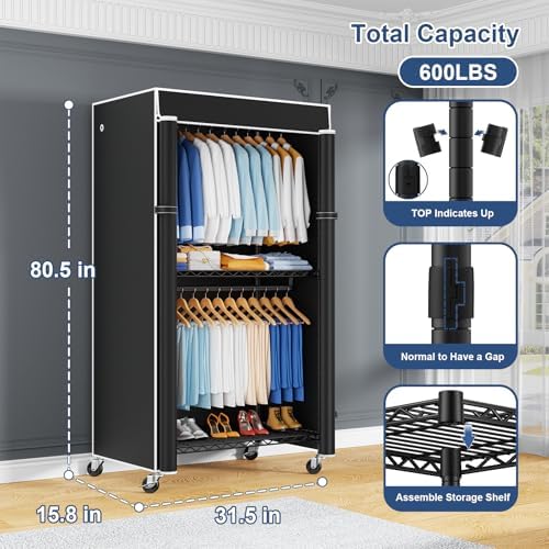 ULIFHOME P8C Heavy Duty Clothes Rack（With Extended Width Design） Rolling Clothing Racks for Hanging Clothes with Lockable Wheels，31.5" W x 15.8" D x 80.5" H，Max Load 600LBS，Black Rack with Black Cover - Image 2