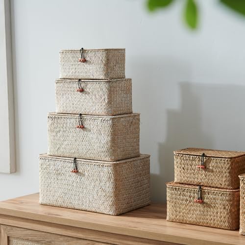4 Pack, Wicker Baskets with Lids, Natural Seagrass Storage Baskets, Woven Rectangular Basket Bins, Rattan Storage Organizer for Shelf (Whitewashed, Set of 4) - Image 4