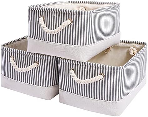 Mangata Fabric Storage Bins, Set of 3 Foldable Canvas Storage Basket W/Handles for Organizing Shelves Toys Clothes Nursery Home Closet(Grey Stripe, Medium) by Mangata