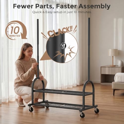 Heavy Duty Metal Clothes Rack Load 586 LBS, Height‑Adjustable Rolling Garment Rack for Hanging Clothes, Sturdy Wheel Clothing Rack with 2 Shelves, Portable Closet Wardrobe Organizer Rack,Black - Image 6