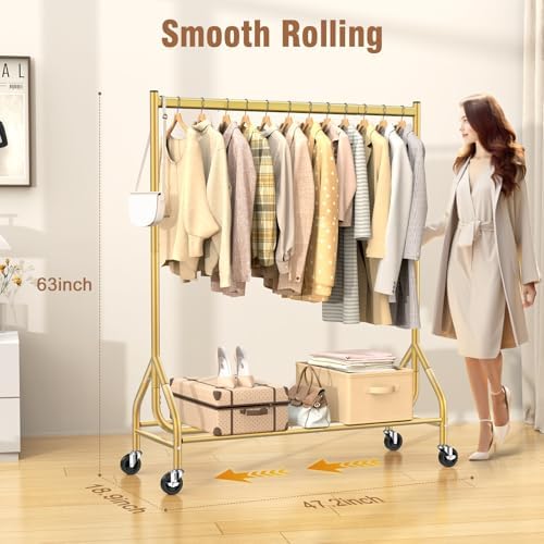 EAGMAK Heavy Duty Clothes Rack Load 420 LBS, Rolling Garment Rack with Lockable Wheels, Standing Metal Clothing Rack, Portable Wardrobe Sturdy Coat Rack for Hanging Clothes (Gold, 47.2″×18.9″×63″) - Image 4