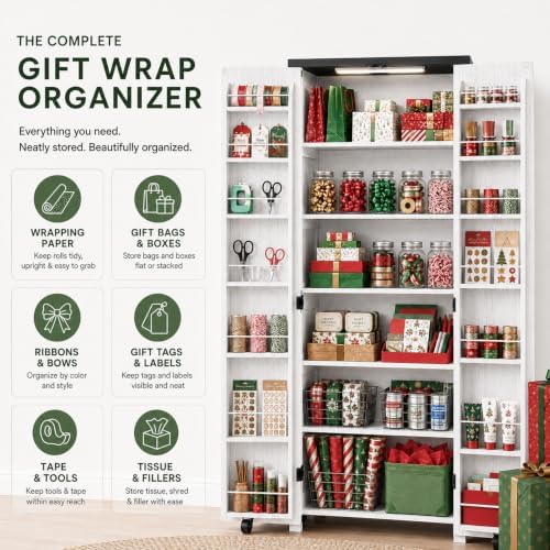 FIMELLO 71" H Gift Wrap Storage Cabinet, Craft Storage Cabinet,White Grain - Image 3
