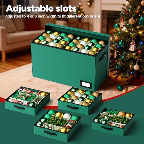 Christmas Ornament Storage Box Store 128 Ornaments, Extra Large Xmas Ornament Organizer Storage box with Lid & Adjustable Dividers, Holiday Decorations Storage Container with 8 Stackable Trays, Green - Image 3