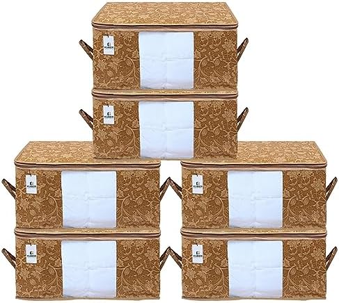 Kuber Industries Foldable Underbed Storage Bag|Organizer For Clothes Large|Non-Woven Comforter, Blanket Cover|Metalic Print & Side Handle|Pack of 6 (Brown) by Kuber+Industries