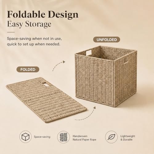 13x13x13 Inch Wicker Storage Basket Set of 2, FAAYUCK Handwoven Storage Cube Bins with Handle for Shelves, Foldable Wicker Organizer Basket for Bedroom, Laundry, Livingroom - Image 4