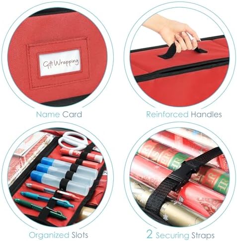 Hearth & Harbor Wrapping Paper Storage Container - Christmas Storage Bag with Ribbon Dispenser and Interior Pockets - Gift Wrap Organizer Fits Up to 26 Rolls of 40" Length, Red - Image 4