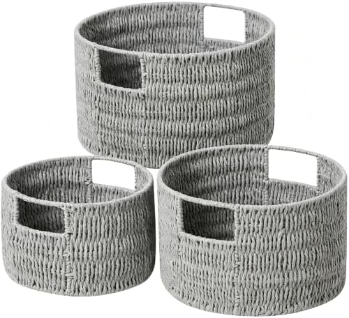 Vagusicc Wicker Storage Basket, Hand-Woven Paper Rope Large Round Woven Basket With Handles, Wicker Baskets for Organizing/Storage, Grey, 3-Pack by Vagusicc