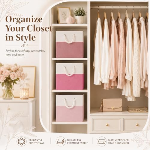 6 Pack 13x13 Inch Cube Storage Bins Fabric Square Cube Baskets, Light Pink - Image 4