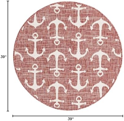 Unique Loom Outdoor Coastal Collection Area Rug - Ahoy (3' 3" Round, Rust Red/Ivory) - Image 2