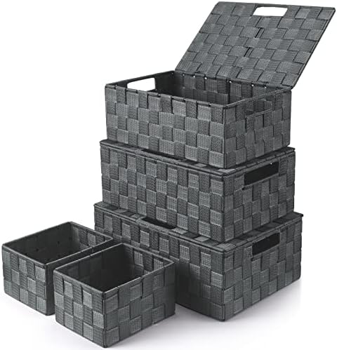 Storage Baskets with Lids: 5 Pack Stackable Woven Storage Bins, Grey by Uvellgift