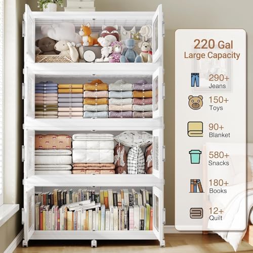 BROVIEW 330Gal Storage Bins, 1320Qt Extra Large Stackable Storage Box with Lids & Wheels - Heavy Duty Collapsible Plastic Cabinets, Open Front Door for Sundries in Home & Office, White 6 Pack - Image 6