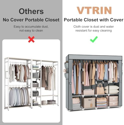 VTRIN Portable Closet for Hanging Clothes 67 Inch Wide Large Capacity Portable Wardrobe Closet with Cover, 4 Storage Shelves and 4 Hanging Rod Sturdy Free Standing Closet for Bedroom, Grey - Image 7