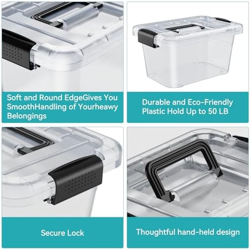 Nazhura Plastic Storage Bin, Stackable and Nestable Storage Boxes with White Lids and Secure Latching Buckles, Large Storage Container (CLEAR, 6QT 12PACK) - Image 3