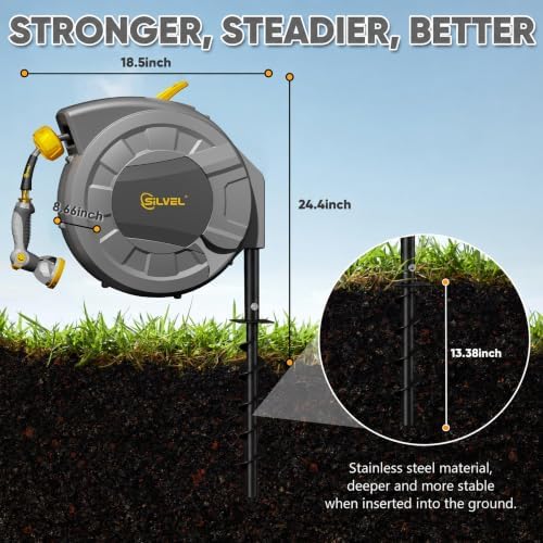 SILVEL Automatic Retractable Garden Hose Reel on Metal Spike, 1/2 in x 90FT Ground Mounted Outside, UV Resistant with 10 Pattern Nozzle, 360° Swivel, No Holes in Your House, Easy Installation, Yellow - Image 6