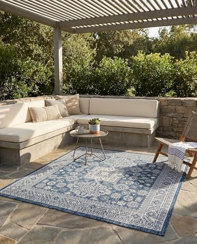 Rugs.com - Outdoor Aztec Rug – 5 Ft Square Blue Indoor/Outdoor Rug – Weather Resistant for Patios, Decks, and Porches - Image 7
