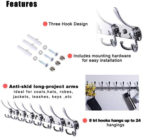 Dseap Coat Rack Wall Mount - 29.5” Long 8-Tri-Hooks Heavy Duty Coat Hanger Rail Wall Hooks for Hanging Coats Hats Clothing Clothes Purse Mudroom Entryway, Chromed, Pack of 2 - Image 5